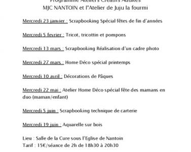 Programme des ateliers créatifs adultes